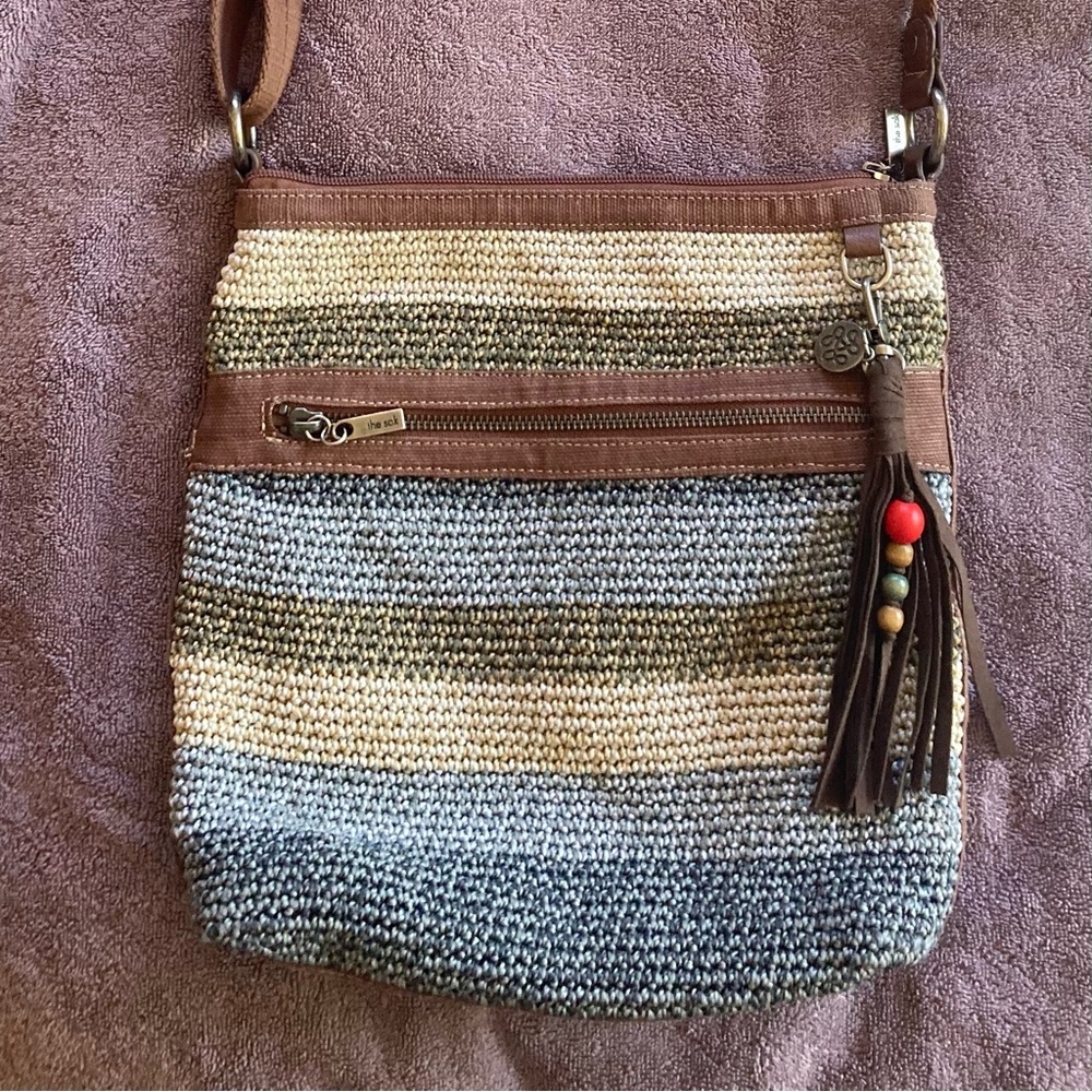 The Sak Lucia Crossbody Bag Crochet Purse, Blue & Tan